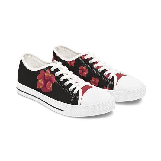 Black Floral Print Women's Low Top Sneakers, Casual Footwear, Spring Style, Gift for Her, Comfortable Sneakers, Everyday Wear