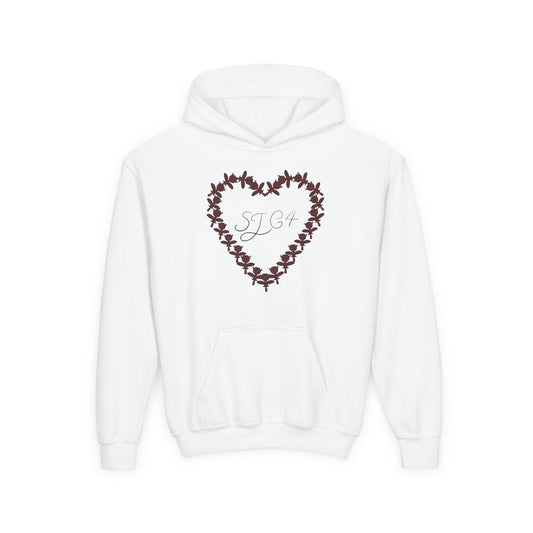 Youth Heart-Embellished Hooded Sweatshirt, Cozy Winter Wear, Teen Gift, Valentine's Day Hoodie, Comfortable Layering