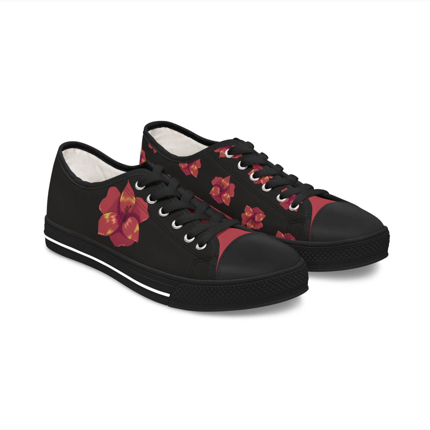 Black Floral Print Women's Low Top Sneakers, Casual Footwear, Spring Style, Gift for Her, Comfortable Sneakers, Everyday Wear