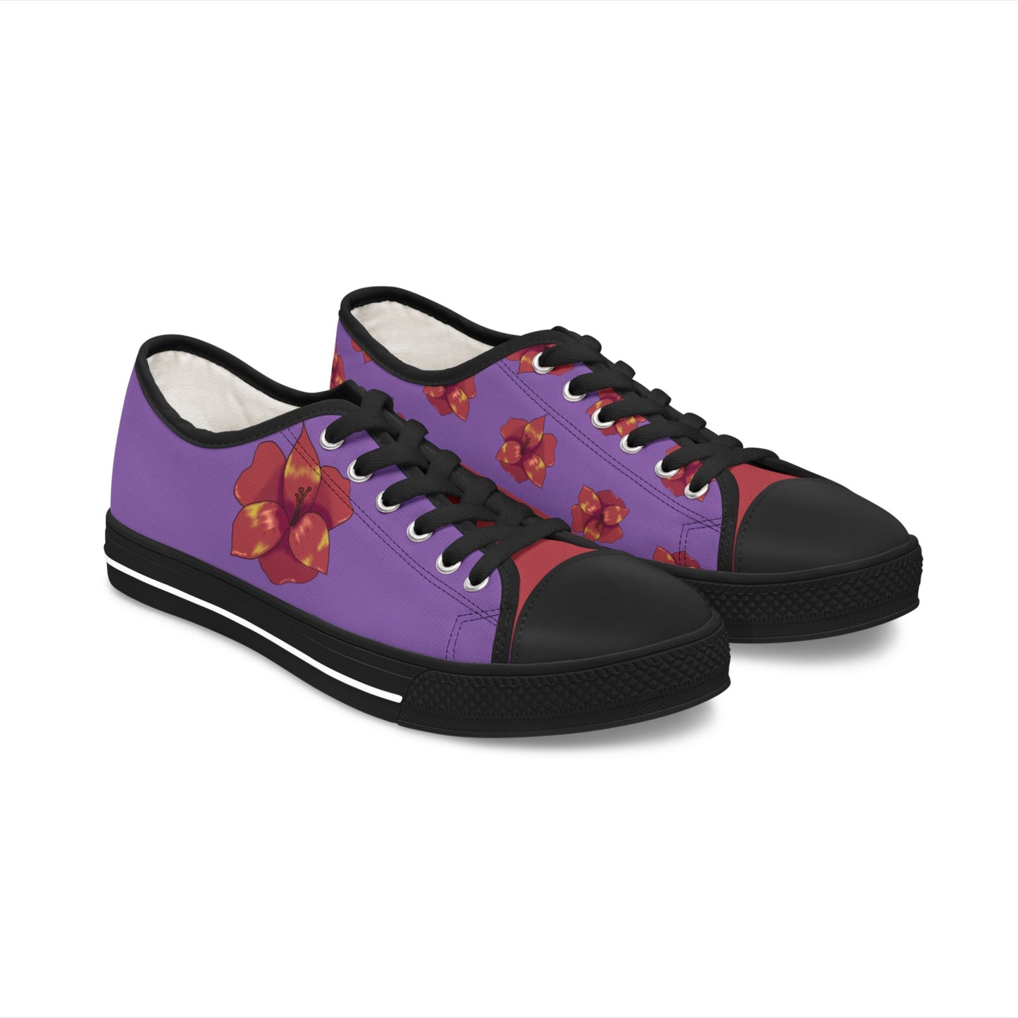 Black Floral Print Women's Low Top Sneakers, Casual Footwear, Spring Style, Gift for Her, Comfortable Sneakers, Everyday Wear