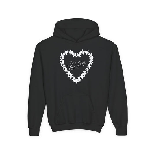 White of Youth Heart-Embellished Hooded Sweatshirt, Cozy Winter Wear, Teen Gift, Valentine's Day Hoodie, Comfortable Layering